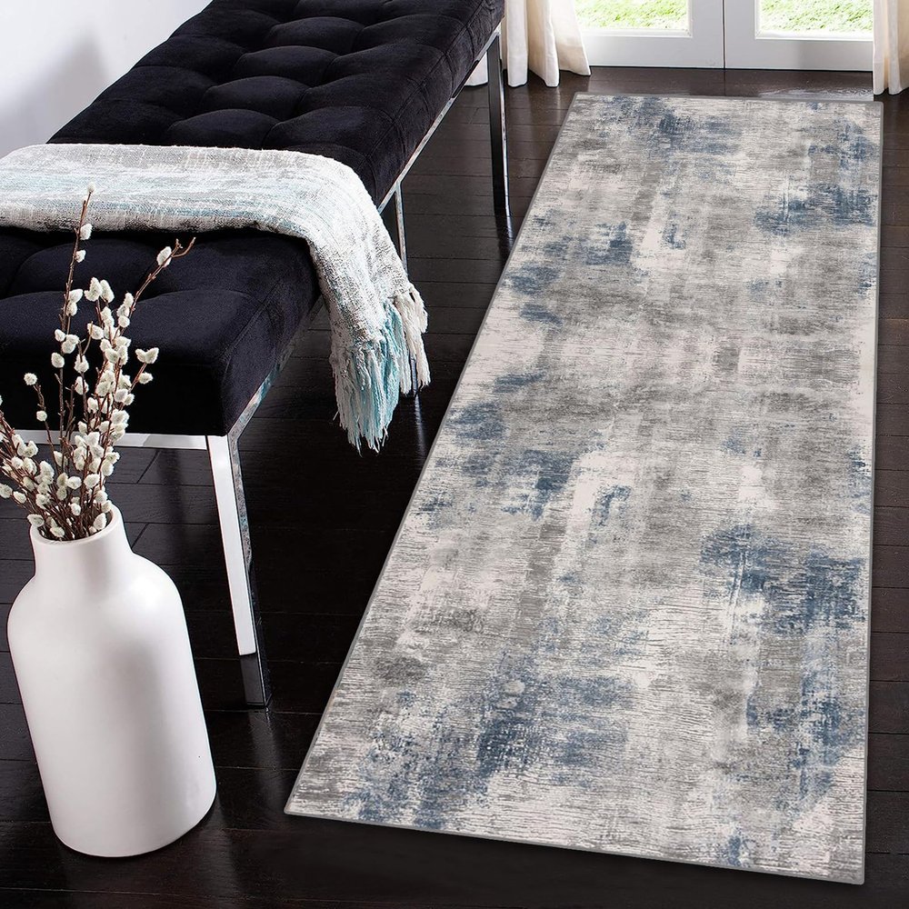 Siunwdiy Gray and Blue Runner Rug, 70 x 140 cm, Non-Slip Short-Pile Polyester