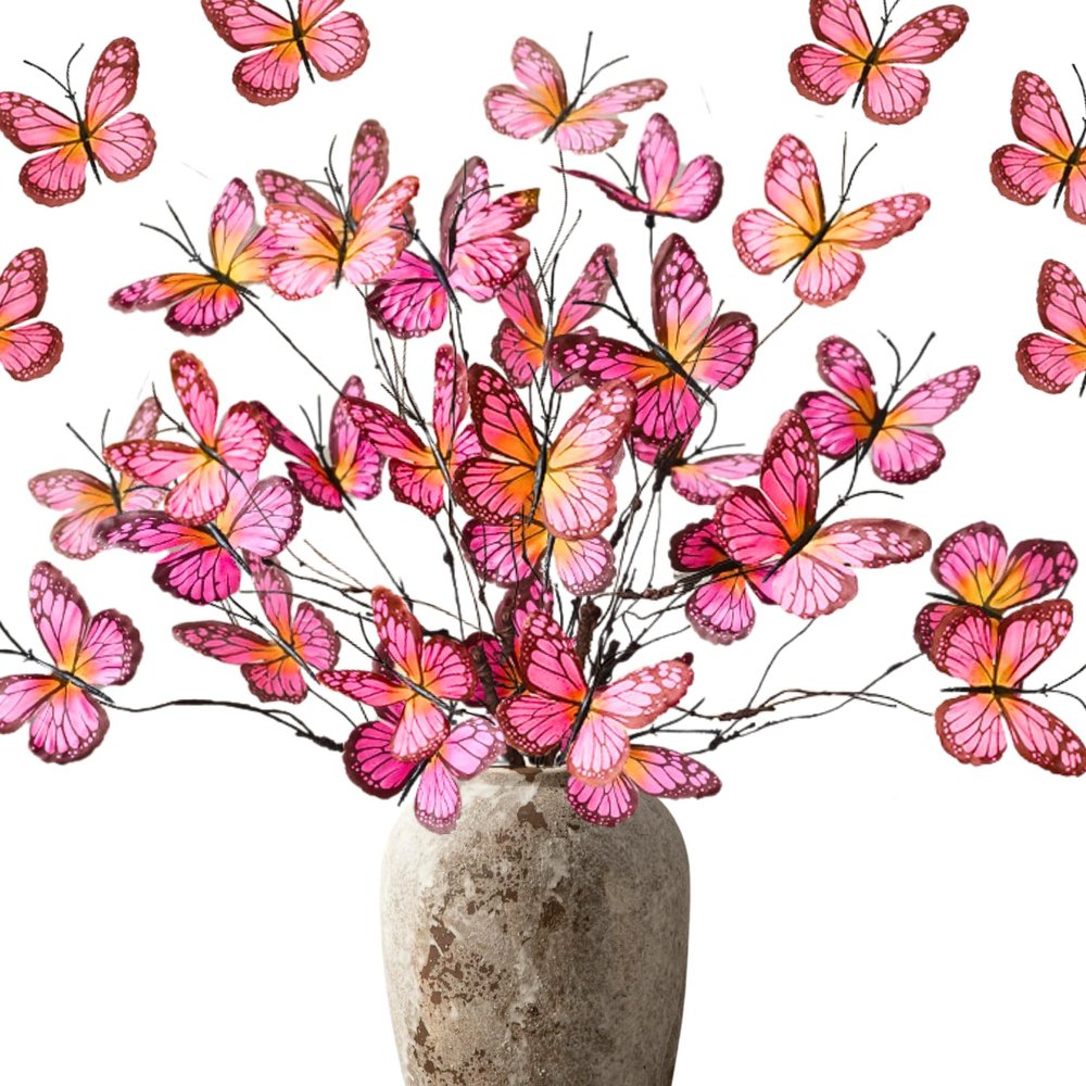 ASTRYAS Large Artificial Flowers with Butterflies, Boho African Flower Arrangement for Fall Decor, Weddings, Rooms, Home, Parties and Table Decorations (Hot Pink), 6 Pcs