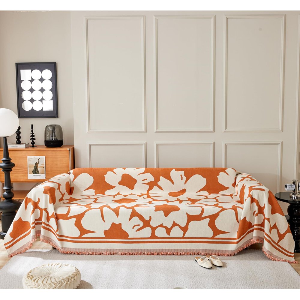 Chenille Sofa Throw with Nordic Floral Pattern, Orange, 180 x 180 cm