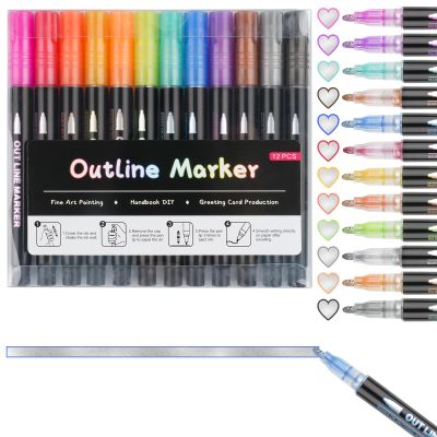 Deepton 12-Color Outline Marker Set, Double-Line Glitter Pens