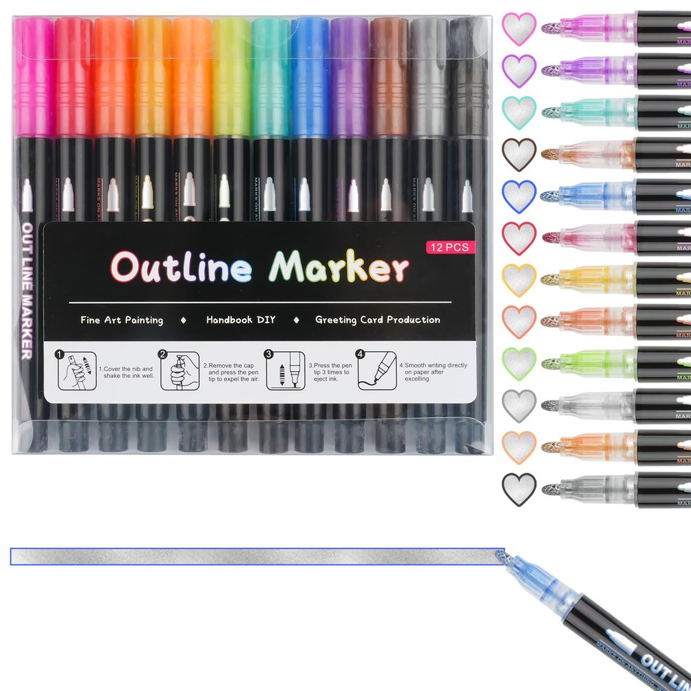 Deepton 12-Color Outline Marker Set, Double-Line Glitter Pens