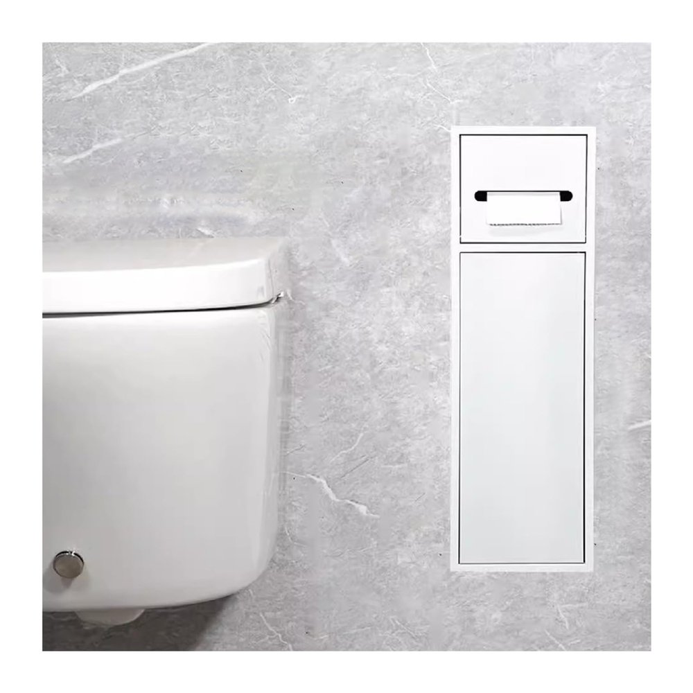 Stainless Steel Toilet Paper Holder with Storage Shelf, Wall-Mounted Recessed Design, White
