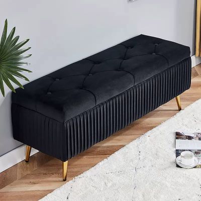 Velvet Storage Bench Ottoman with Gold-Tone Metal Legs