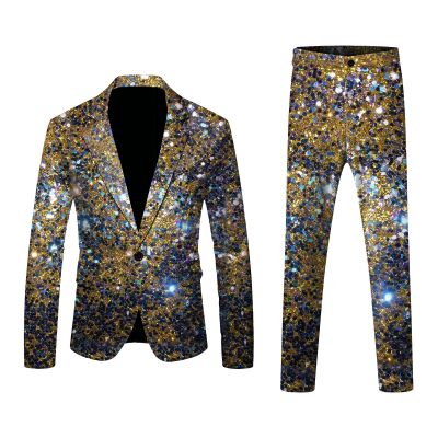 RUMAOZIA Men's 2-Piece 1980s Disco Costume Set with Glitter Sequin Blazer and Pants