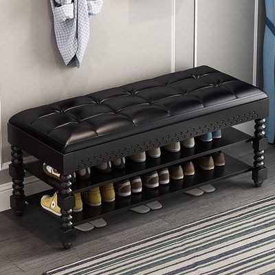 Entryway Shoe Bench with 2-Tier Shoe Rack, Leather Seat and Storage