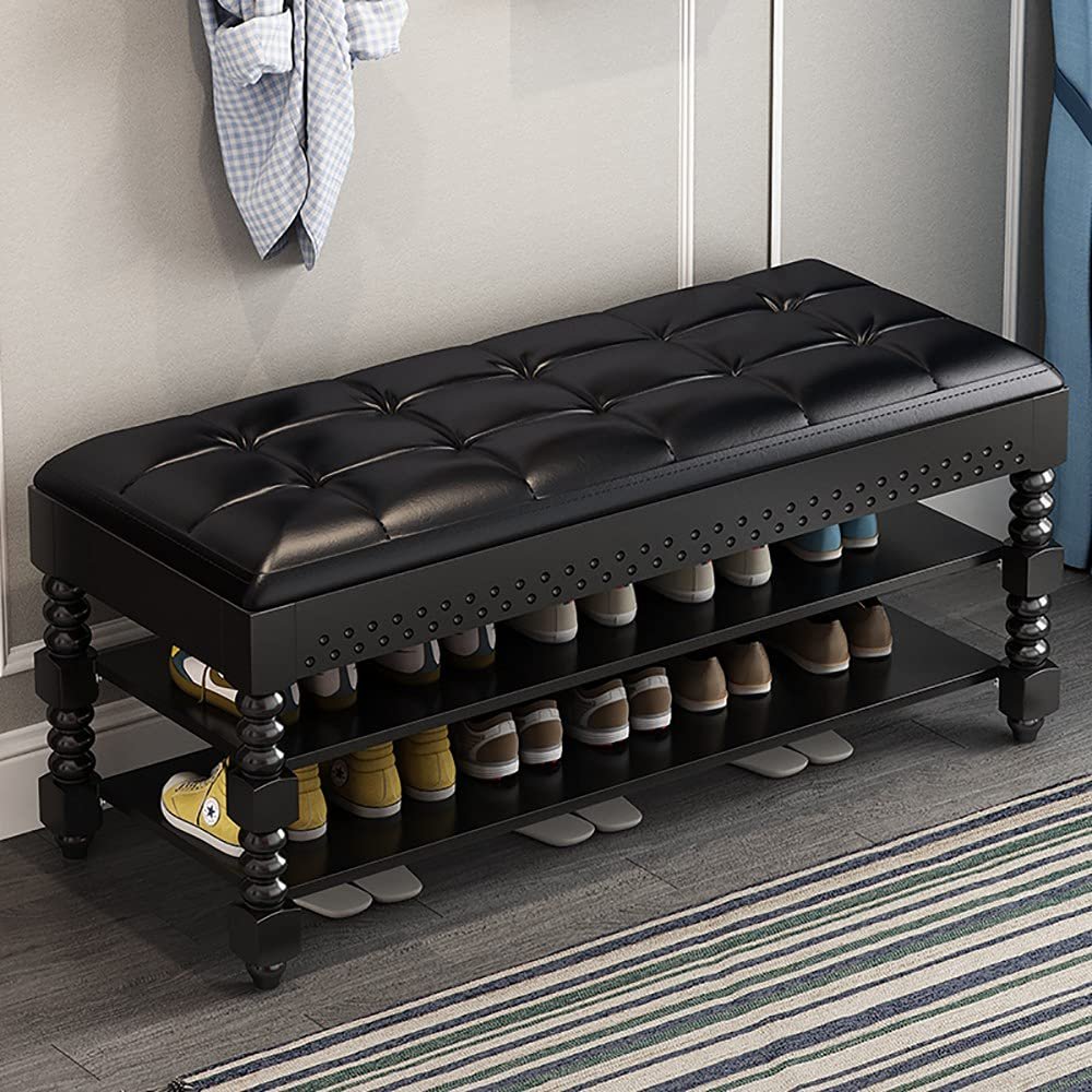 Entryway Shoe Bench with 2-Tier Shoe Rack, Leather Seat and Storage