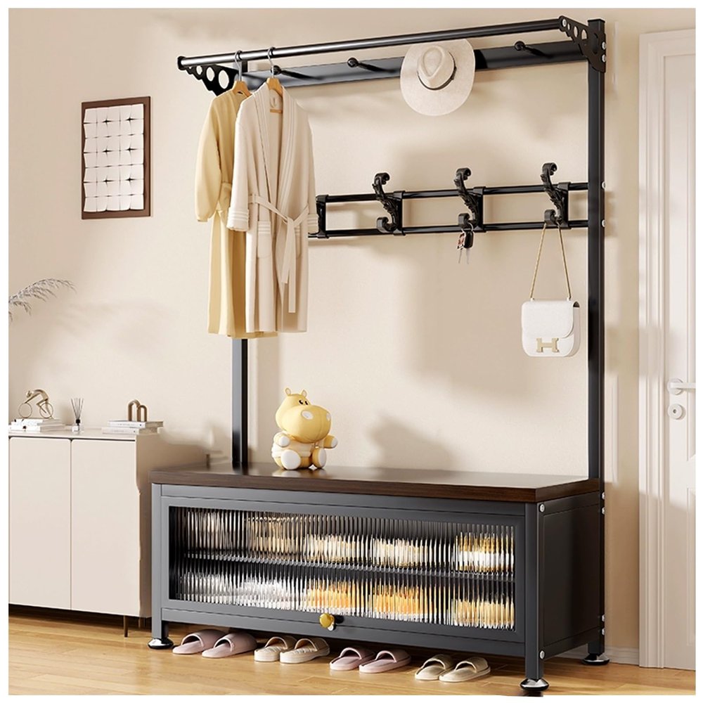 Coat Rack with Shoe Rack and Bench, Black, 60 x 36 cm