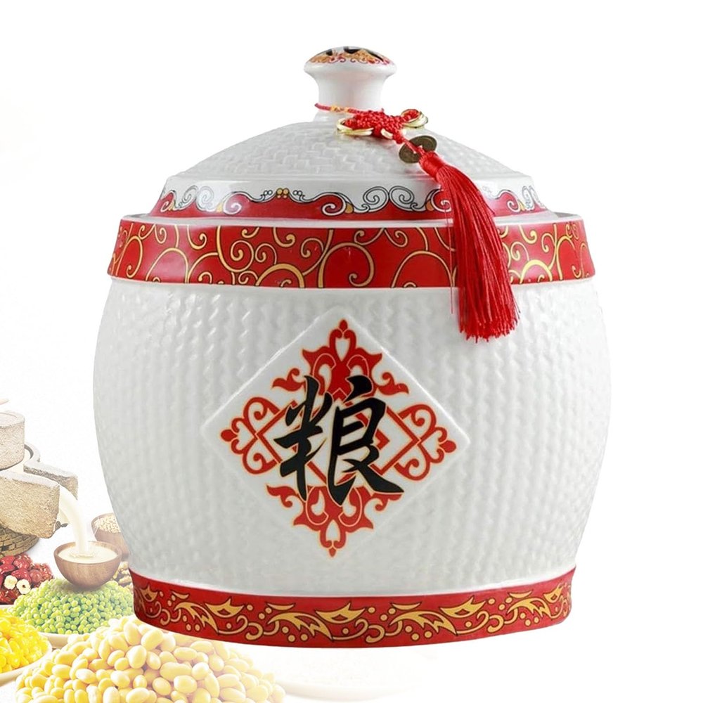 Rice Dispenser, Large Rice Container, Ceramic Grain Storage Container with Lid