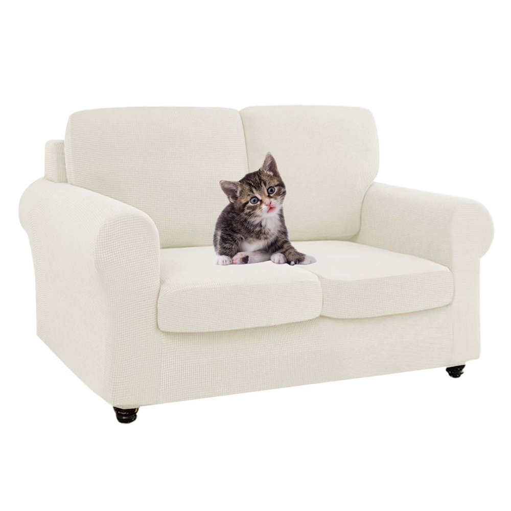 Stretch Sofa Cover Set with Seat and Backrest Covers, Ivory Love Design, for 2 Large Seats and 2 Large Backrests