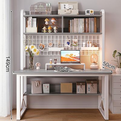 Modern Computer Desk with Hutch and Display Grid Shelf, Gray, 100 x 50 x 149 cm