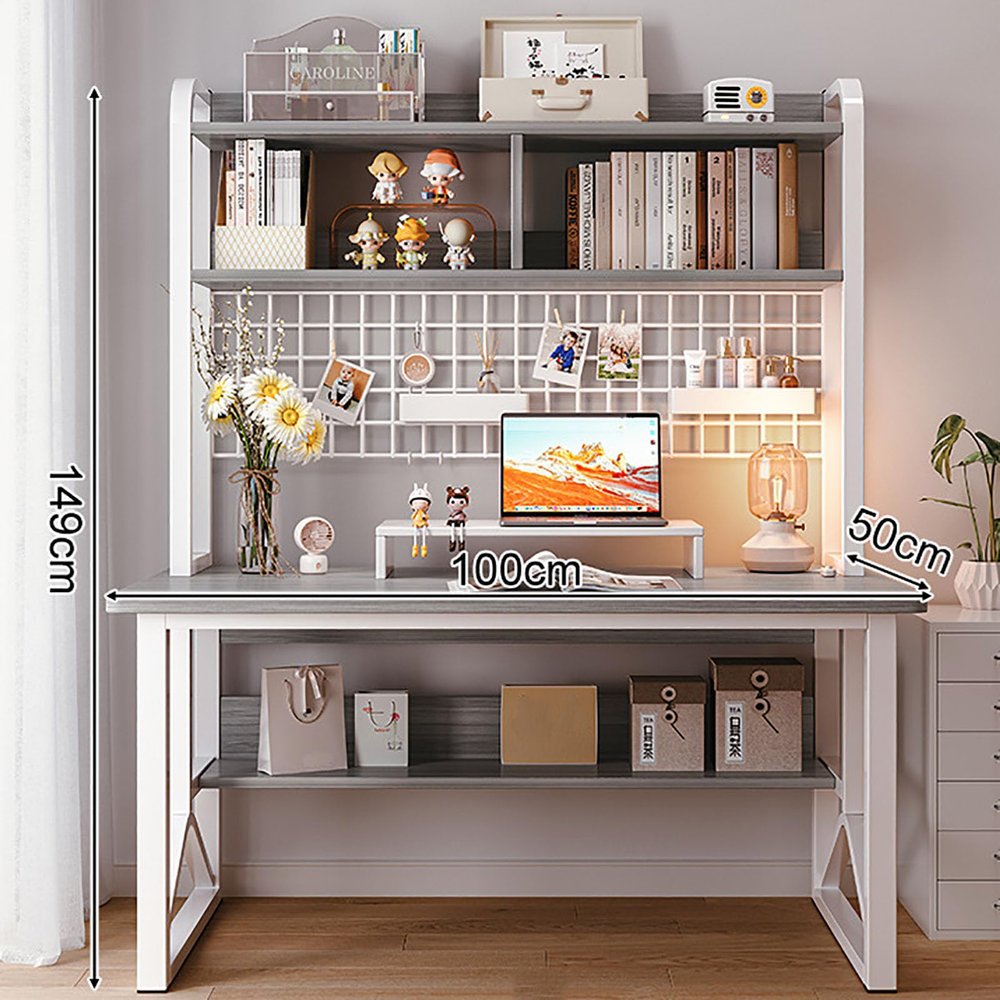 Modern Computer Desk with Hutch and Display Grid Shelf, Gray, 100 x 50 x 149 cm