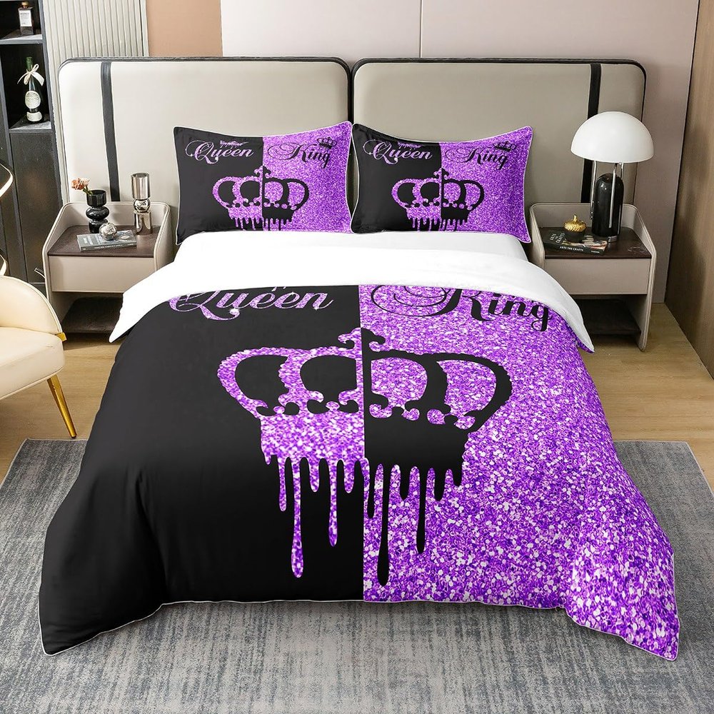 Homemissing Modern Queen and King Crown Cotton Bedding Set, Black and Purple, 135 x 200 cm, No Glitter