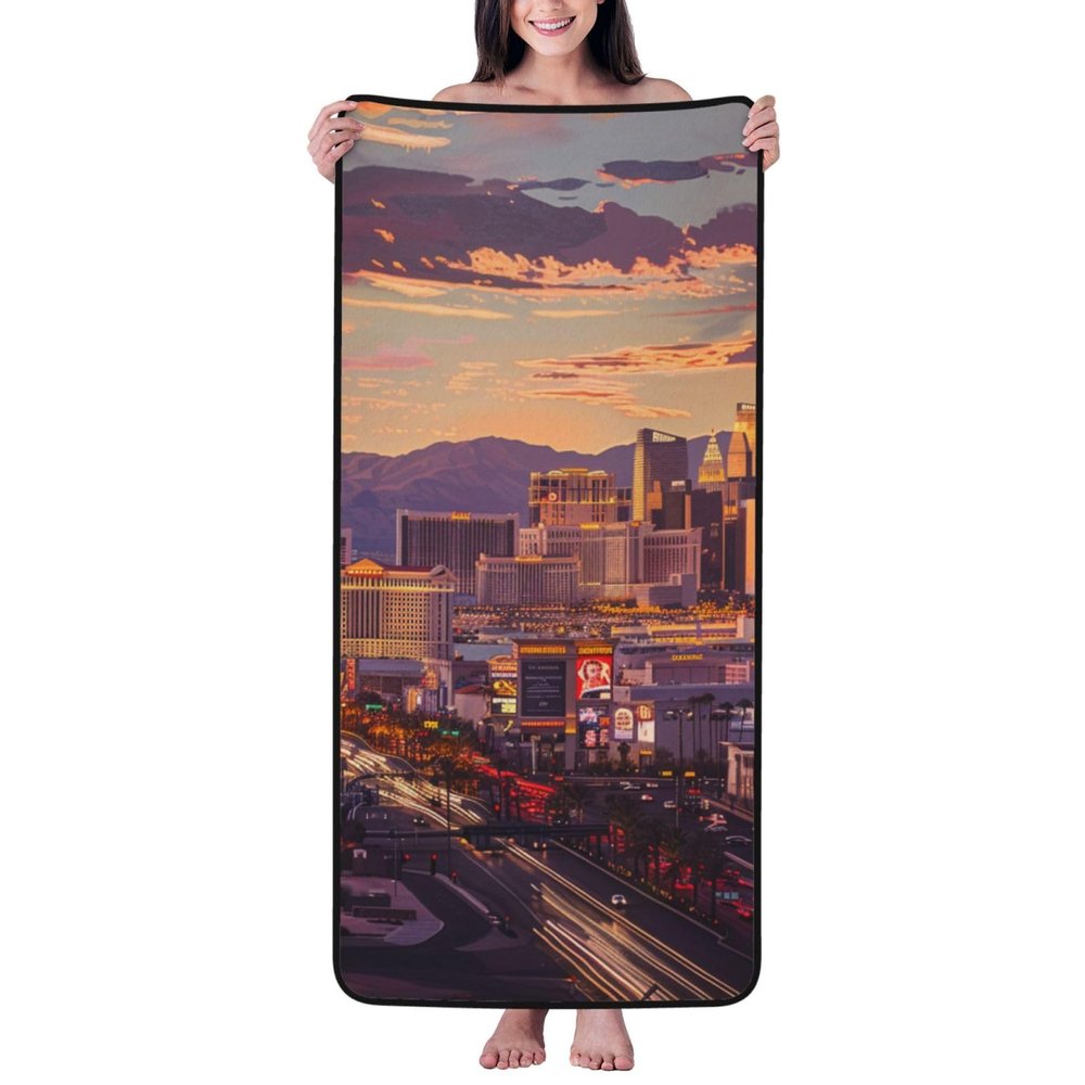 JKSEEPYN Las Vegas Sunset Printed Bath Towel, 68 x 140 cm, Coral Fleece