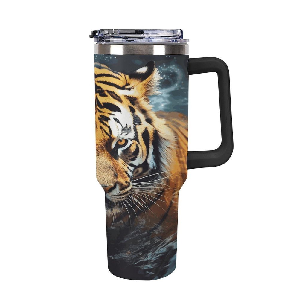 Insulated Stainless Steel Tumbler with Tiger Print, Handle and Straw Lid, 1.2 L