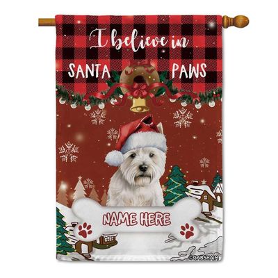 GABSHAIM Christmas House Flag, West Highland White Terrier, “I Believe In Santa Paws,” Watercolor Dog Print, Buffalo Plaid, Home Decor Banner, 28 x 40 in