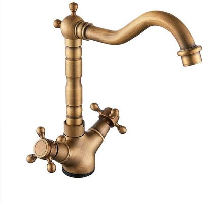 Antique Bronze Brass Kitchen Sink Faucet with Swivel Spout and Double Handles, Georgian Style