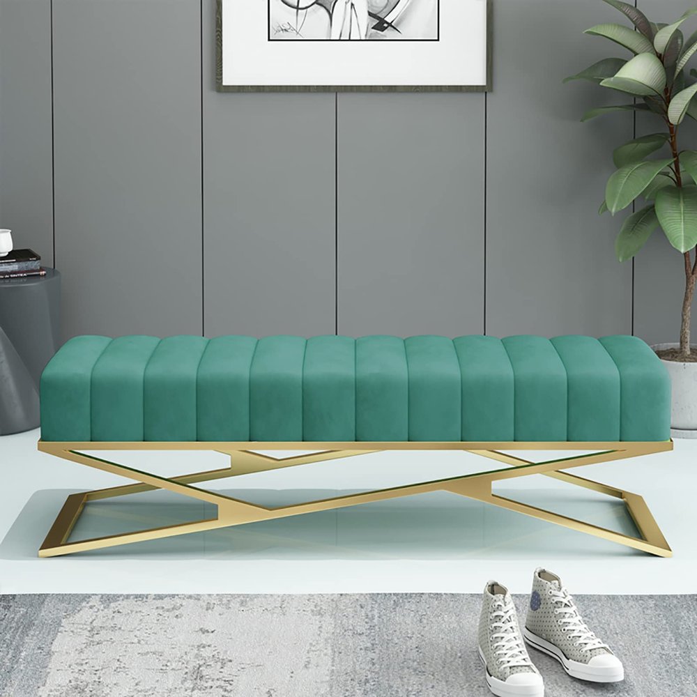 Green Velvet Bedroom Bench with X-Shaped Metal Base, 100 x 38 x 43 cm