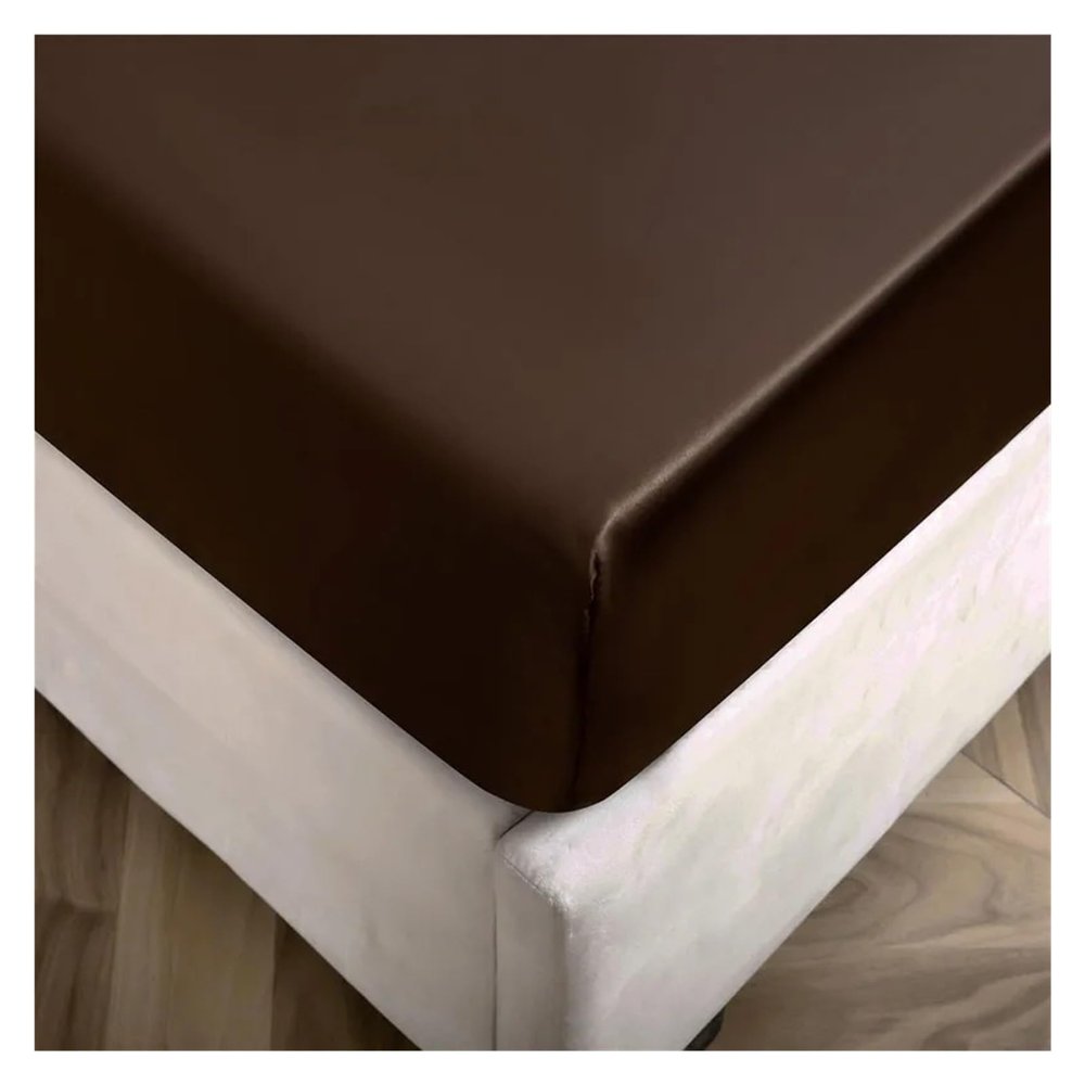 YGLEEULI Satin Fitted Sheet, Queen, Deep Pocket, Brown, 198 x 203 x 30 cm