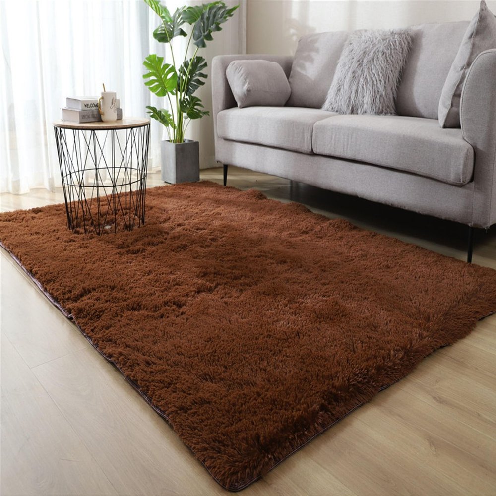 YUANWAN High-Pile Area Rug 190 x 260 cm, Washable and Non-Slip, Soft Shaggy Rug for Living Room and Bedroom, Brown