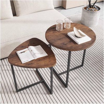 Round Coffee Table Set of 2, Stackable Side Tables, Brown