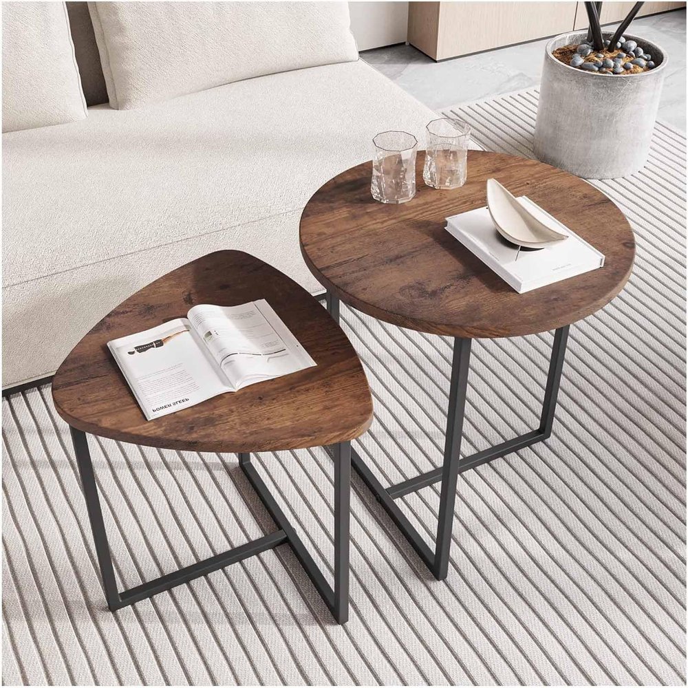 Round Coffee Table Set of 2, Stackable Side Tables, Brown