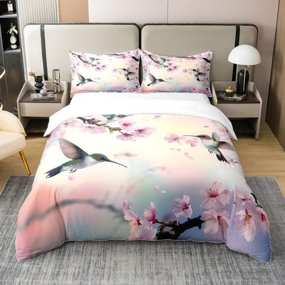 Floral Hummingbird 100% Natural Cotton 155 x 220 cm Duvet Cover Set