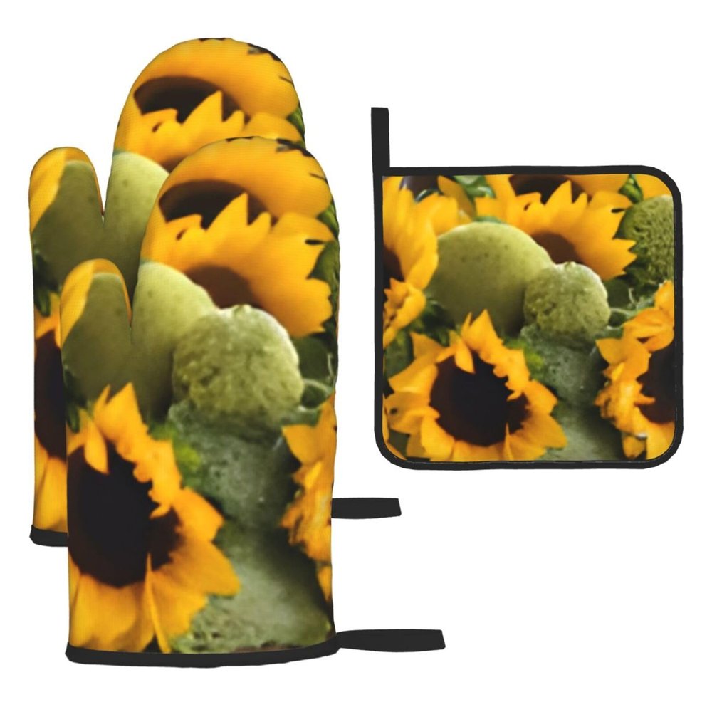 Oven Mitts and Pot Holders, 3-Piece Sunflower Set, Insulated Microwave and Cooking Gloves, Non-Slip Hot Pads for Cooking, Baking, and Grilling