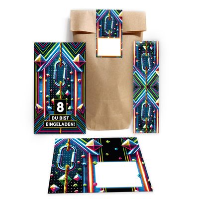 8 Climbing-Themed Invitations for an 8th Birthday with Envelopes, Party Bags, Stickers & Bookmarks