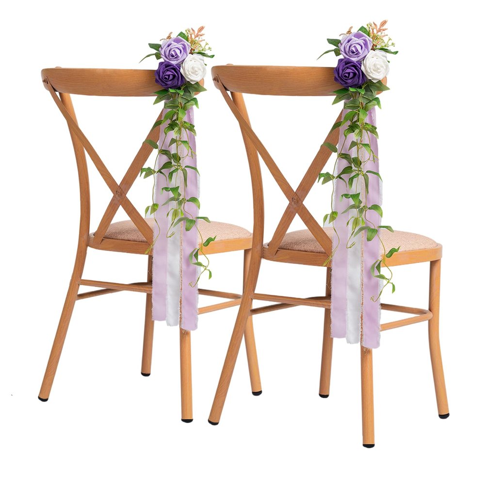 Meldel Wedding Chair Aisle Decorations, Artificial White & Purple Rose Garland with Hanging Ribbons