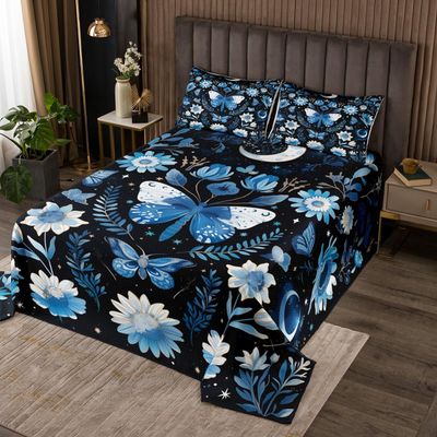 Blue Butterfly Coverlet Set, Size M, Bohemian Stars and Moon Night Design, Floral Botanical Polyester Quilt Set with 2 Pillow Shams