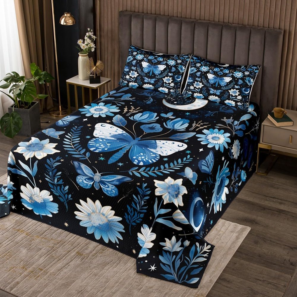 Blue Butterfly Coverlet Set, Size M, Bohemian Stars and Moon Night Design, Floral Botanical Polyester Quilt Set with 2 Pillow Shams