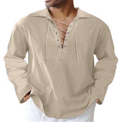 LVCBL Men's Lace-Up Pirate Shirt, Steampunk Ghillie Kilt Shirt, Cosplay Medieval Costume, Khaki, M