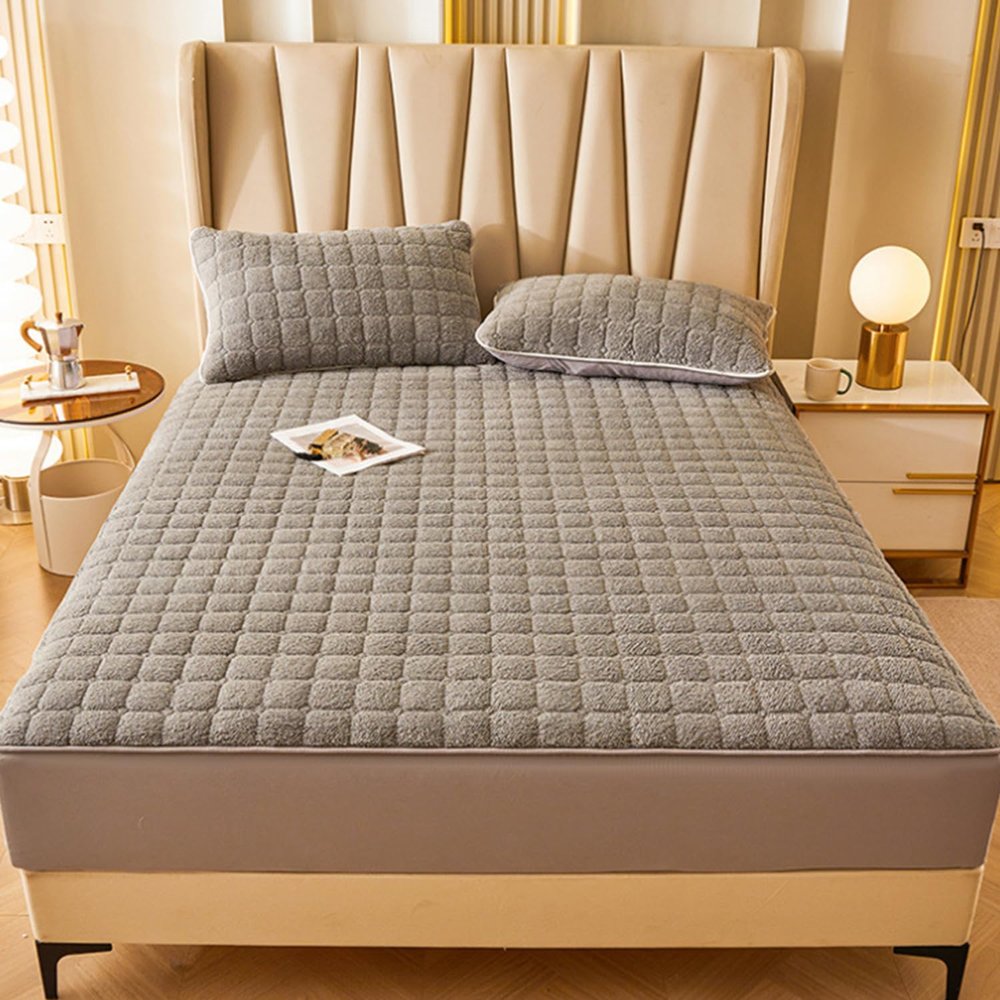 LDLCYCN Thick Velvet Mattress Protector, Gray, 100 × 200 cm (Twin), 12-Inch Deep Pocket