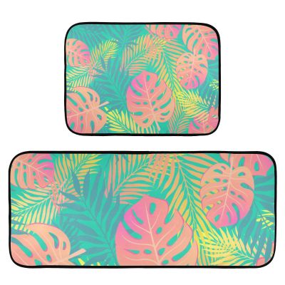 Kitchen Rugs, 2-Piece Set, Non-Slip, Washable, Pink-Green Leaf Gradient