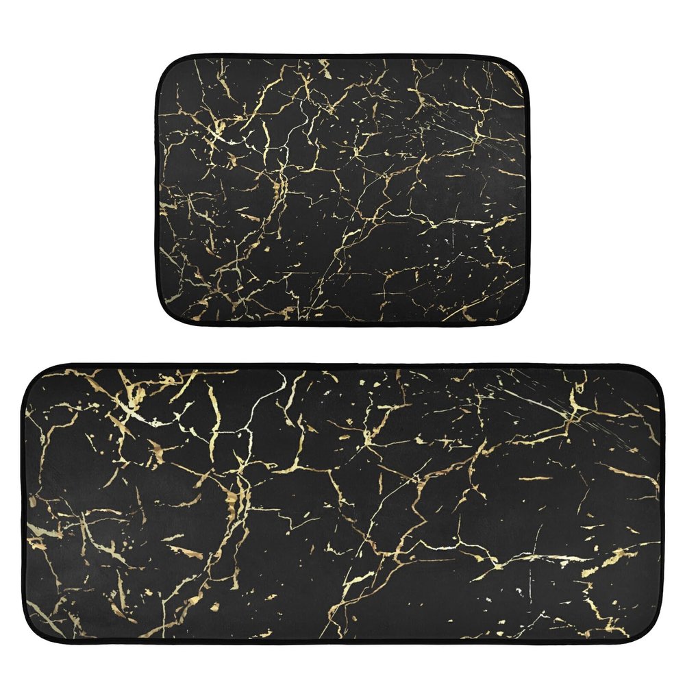 Kitchen Rugs, Set of 2, Non-Slip, Washable, Black Marble with 3D Gold Stripes
