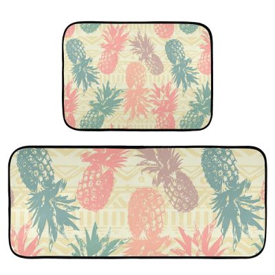 Kitchen Rugs, 2-Piece Set, Non-Slip, Washable, Tropical Retro Pineapple Design