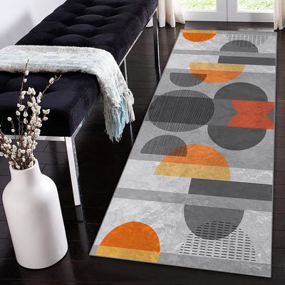 Siunwdiy Extra-Long Gray and Orange Patchwork Rug Runner, Non-Slip, Washable, 100 x 380 cm