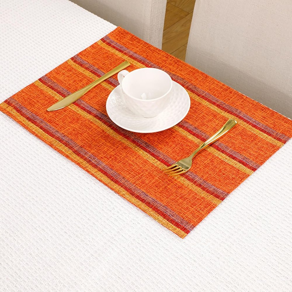 Homxi Washable Placemats, Set of 4, 32 x 45 cm, Striped Rectangular Polyester, Non-Slip, Orange