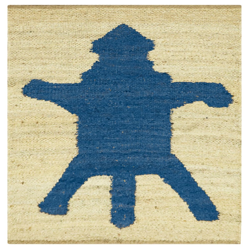 Handwoven Heavy Braided Jute Rug, 10 x 14 Kelim, Natural Animal Design, Blue & Beige