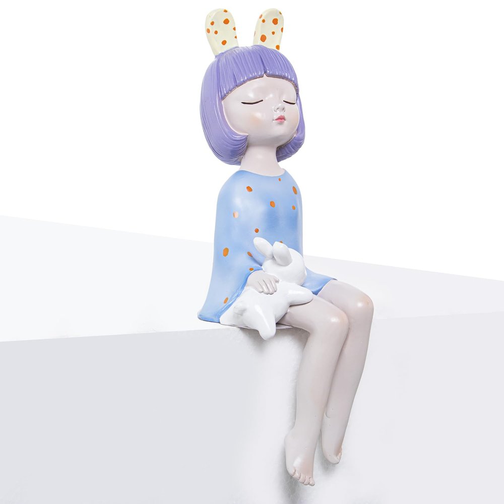 Blue Resin Seated Girl Figurine with Ears and Bunny, 12 x 12 x 32 cm