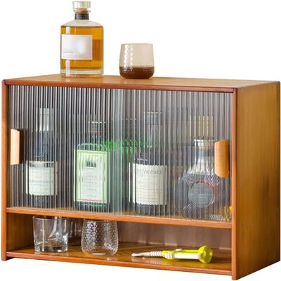 3-Tier Tea Cup Holder Cabinet with Glass Doors, Brown