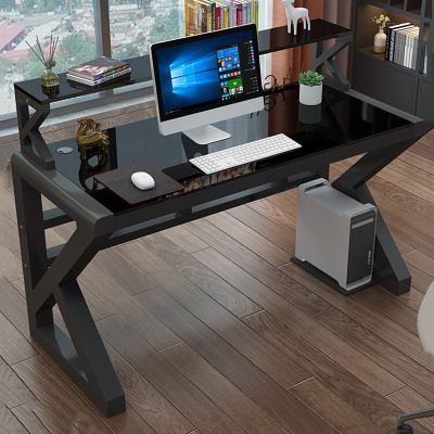 Modern 119 cm Black Glass Computer Desk with Sturdy Metal Frame for Home Office