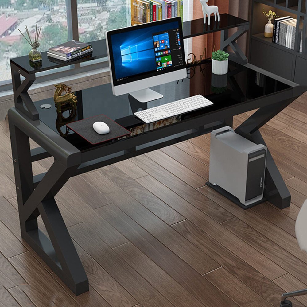 Modern 119 cm Black Glass Computer Desk with Sturdy Metal Frame for Home Office