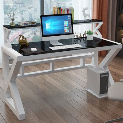 Modern 119 cm Glass Computer Desk with Sturdy Metal Frame, Black and White