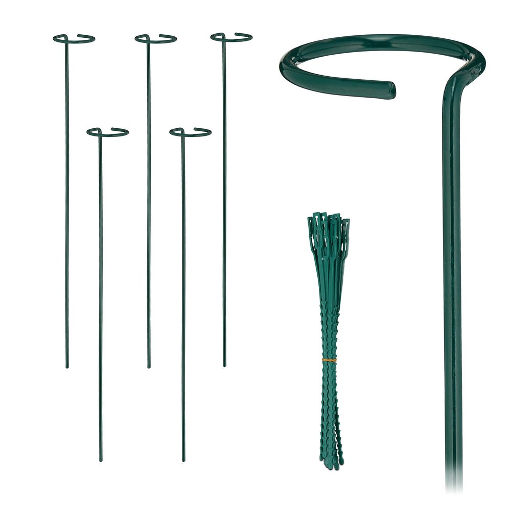 Relaxdays Metal Plant Stakes with Rings, Set of 6, 60 cm, Dark Green