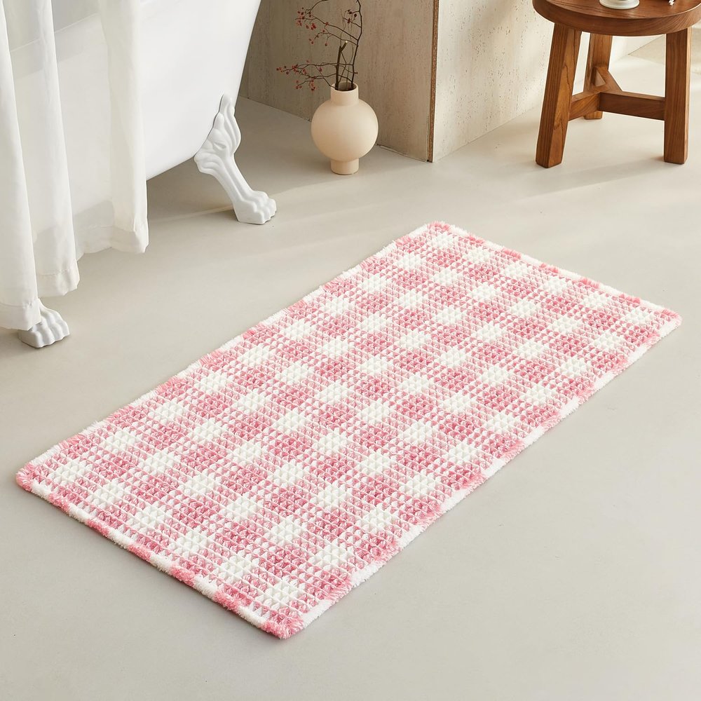 TYUU Waffle Bath Mat, Boho Bathroom Rug, Non-Slip, Washable, Absorbent, Quick-Drying, Pink and White, 122 x 61 cm