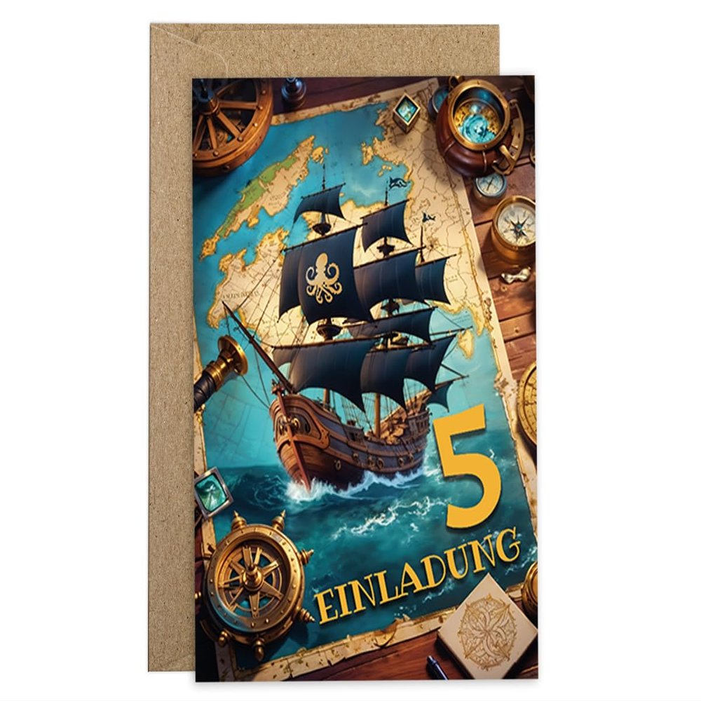 6 Pirate Party Invitations with Envelopes for a 5th Birthday