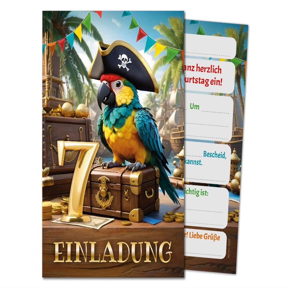 6 Pirate Party Invitations for a 7th Birthday