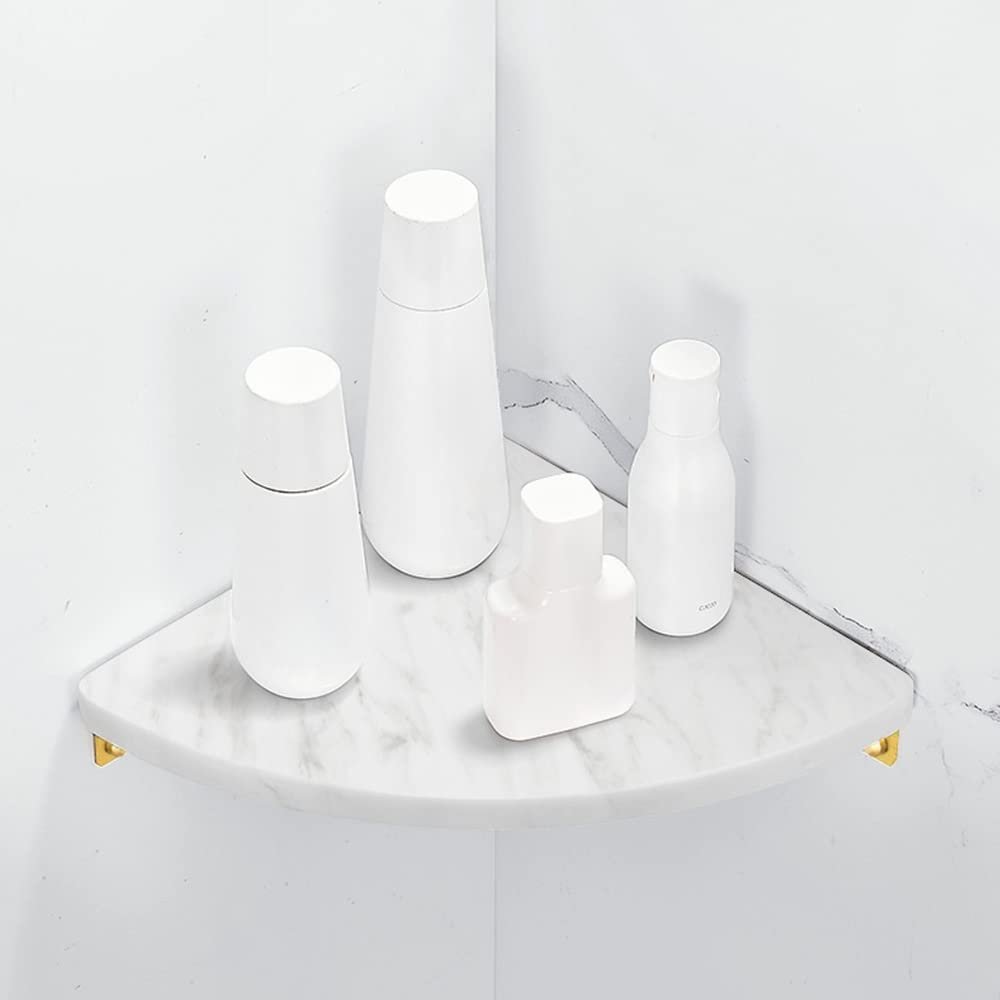 Gold-Tone Marble and Brass Corner Shower Shelf, Wall-Mounted