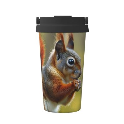 Kingww Travel-Friendly Insulated Coffee Mug with Squirrel Motif, Reddish Brown, Retractable Handle, Holds up to 500 ml